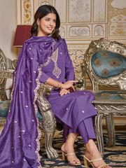 Purple Embroidered Rayon Kurti Set
