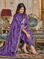 Purple Embroidered Rayon Kurti Set