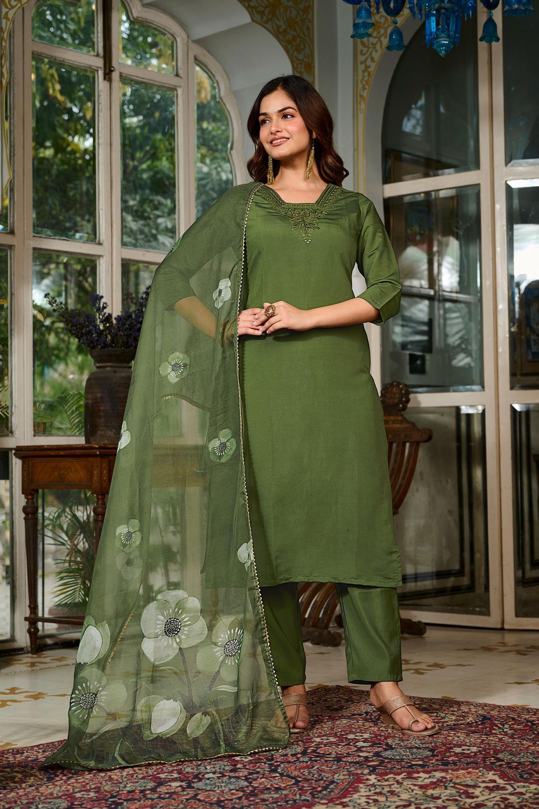 Green Chanderi Grace Embroidered Suit Set