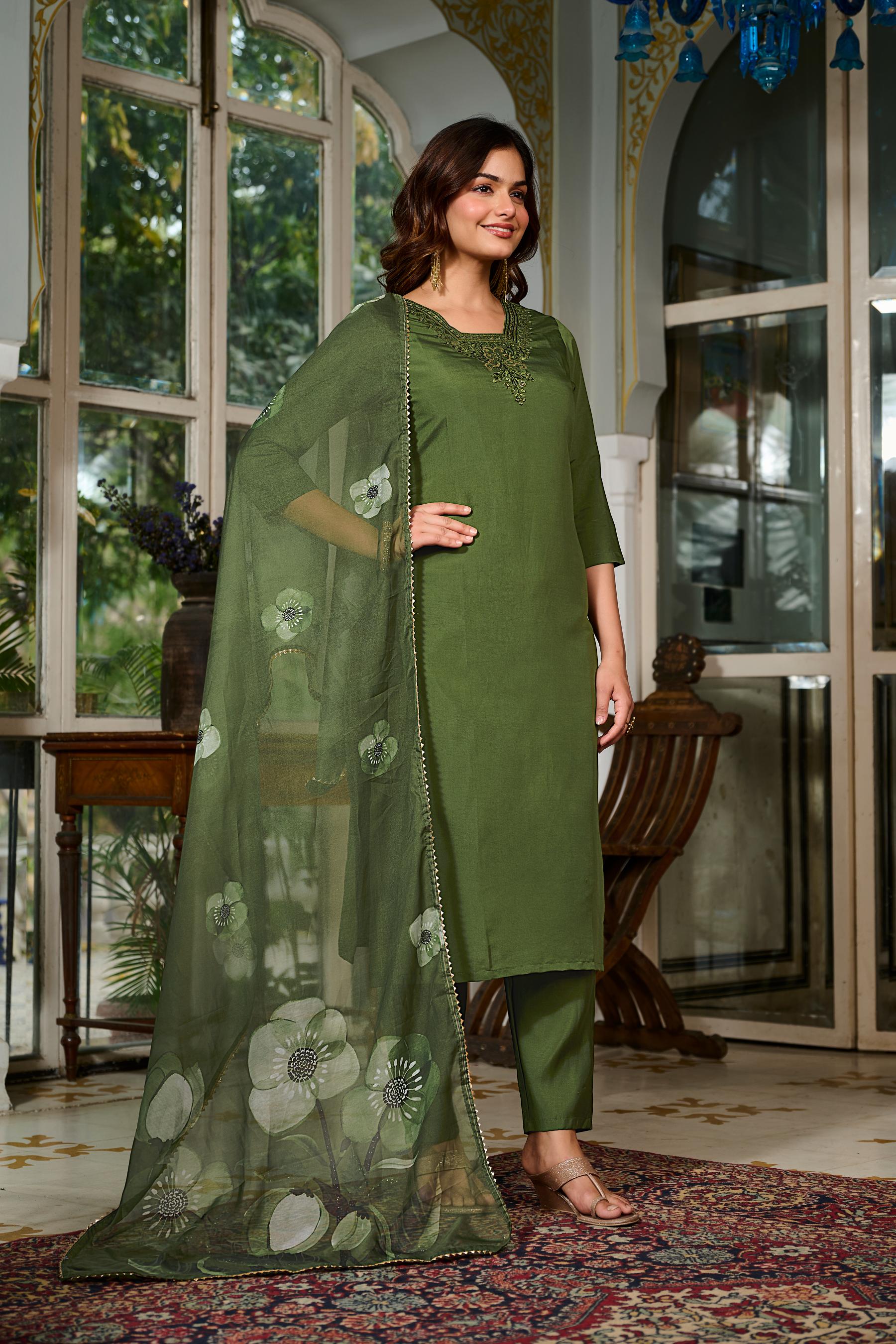 Green Chanderi Grace Embroidered Suit Set