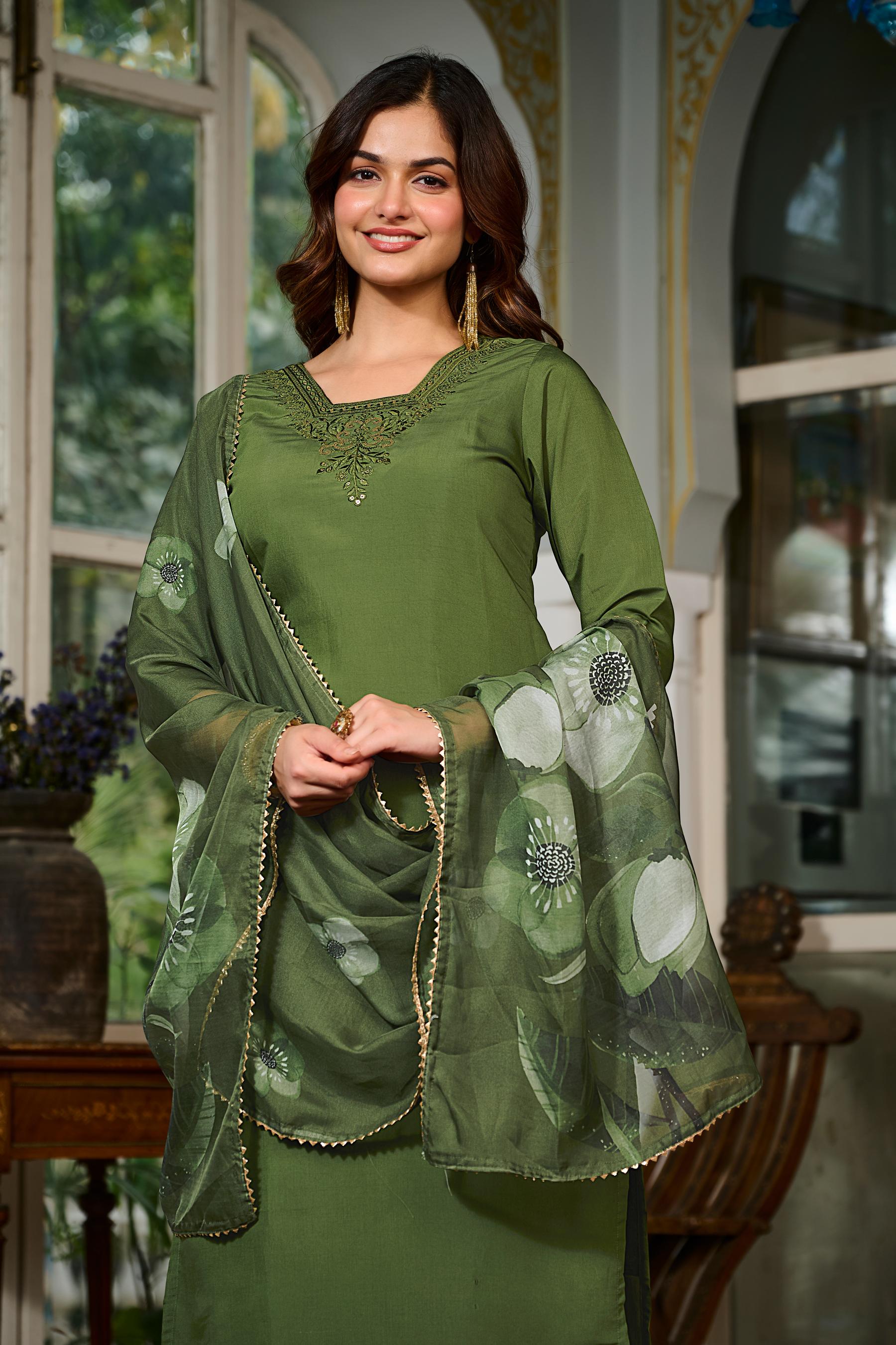 Green Chanderi Grace Embroidered Suit Set