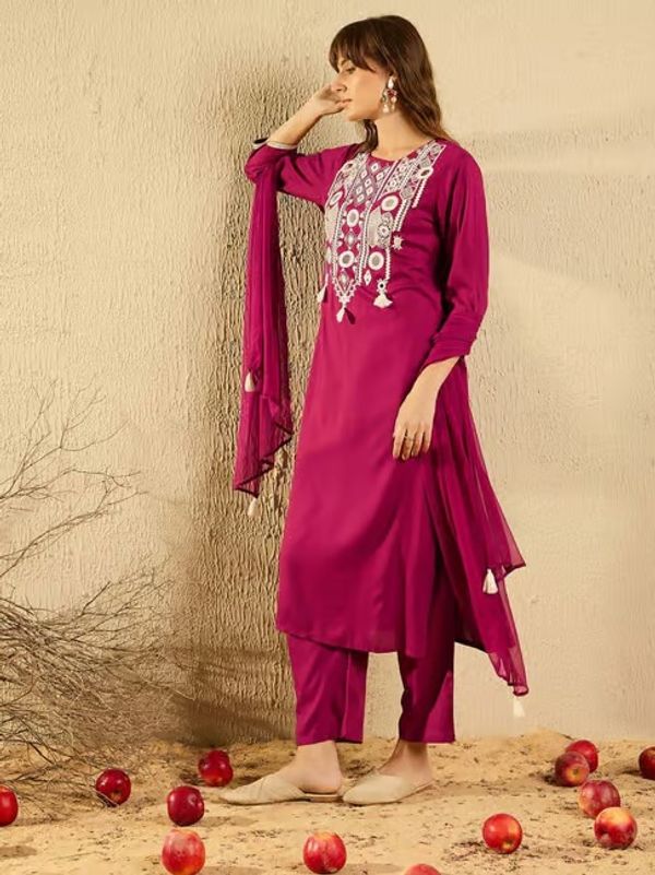 Wine Chanderi Royale Embroidered Suit Set