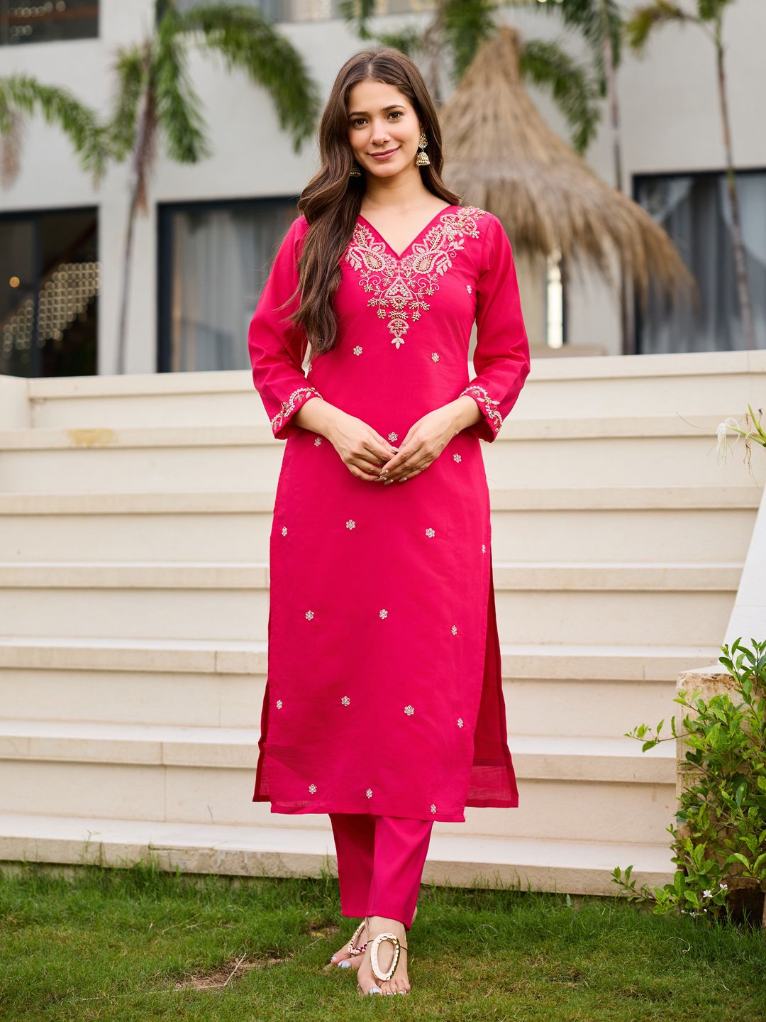 Pink Roman Silk Bloom Embroidered Suit Set