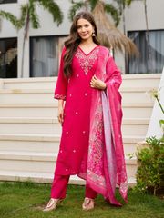 Pink Roman Silk Bloom Embroidered Suit Set