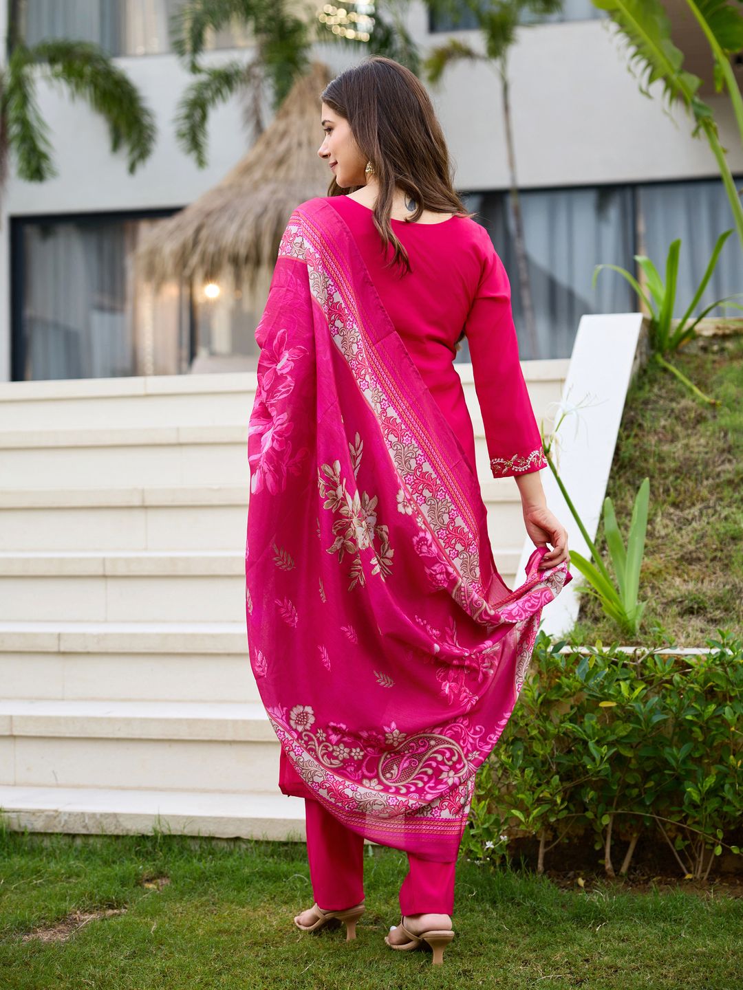Pink Roman Silk Bloom Embroidered Suit Set