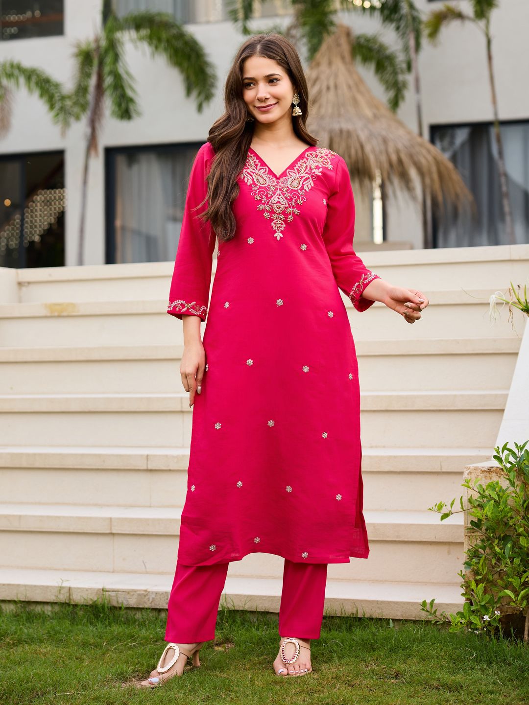 Pink Roman Silk Bloom Embroidered Suit Set