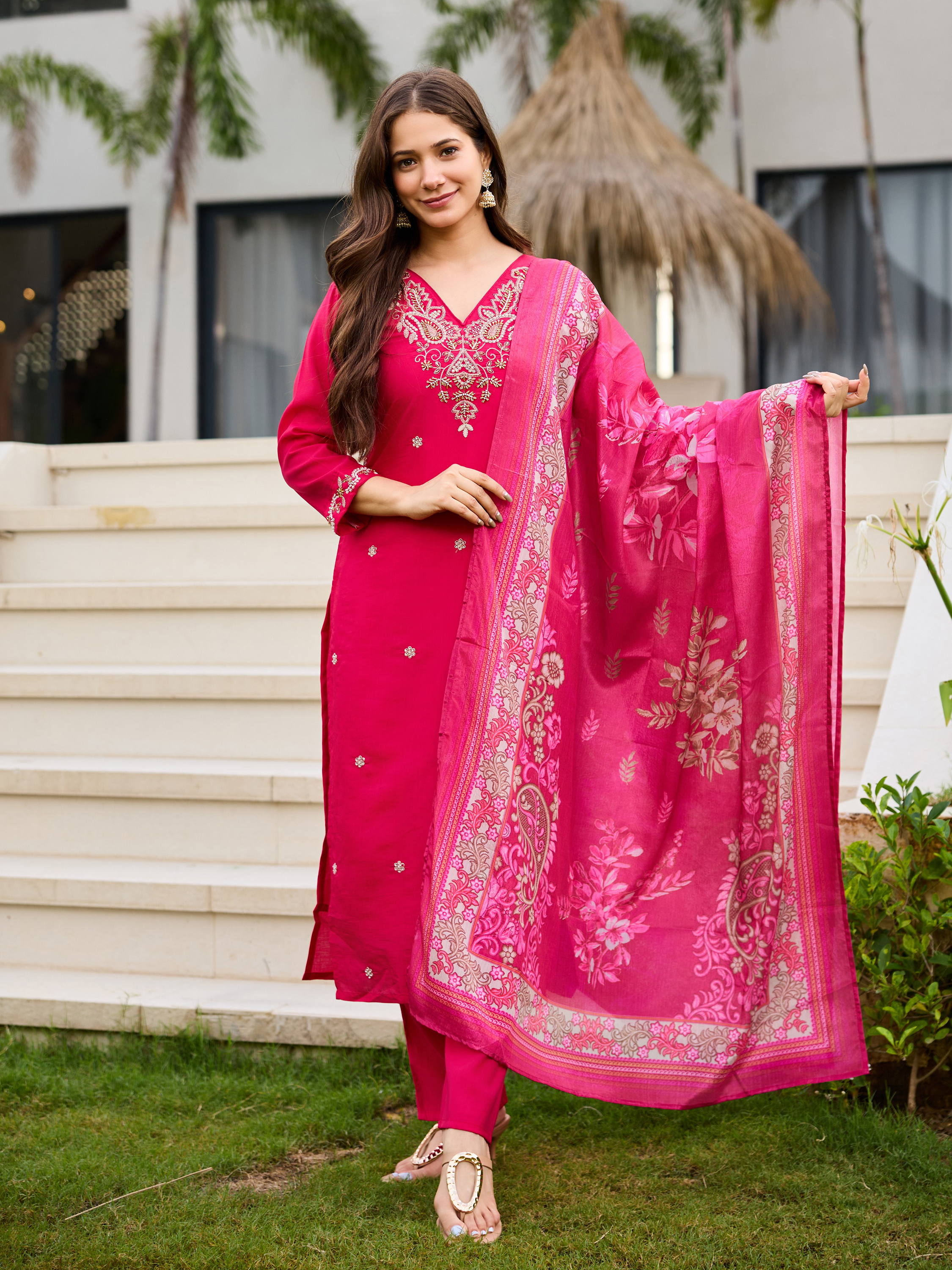 Pink Roman Silk Bloom Embroidered Suit Set