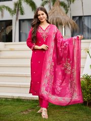 Pink Roman Silk Bloom Embroidered Suit Set