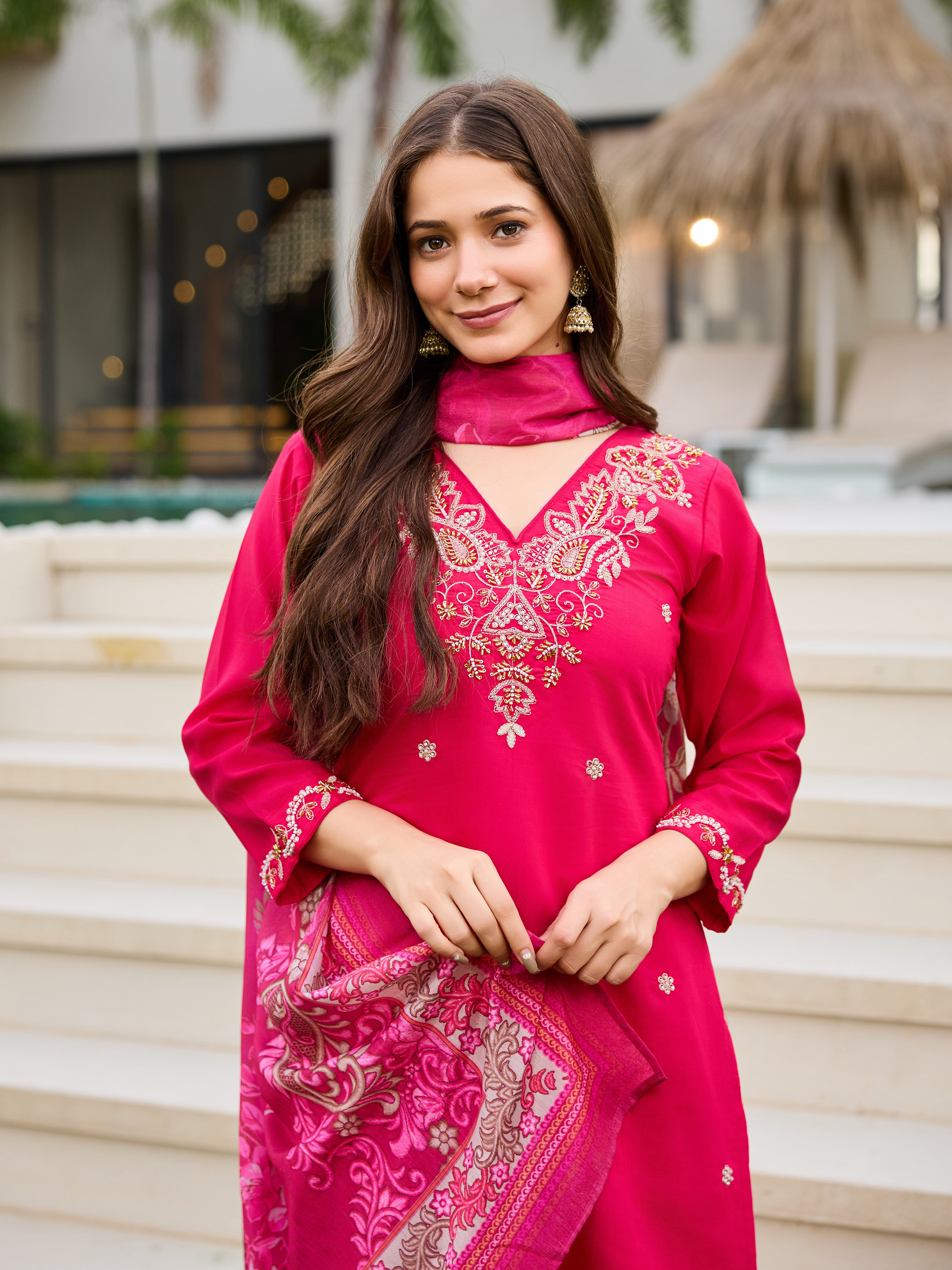 Pink Roman Silk Bloom Embroidered Suit Set