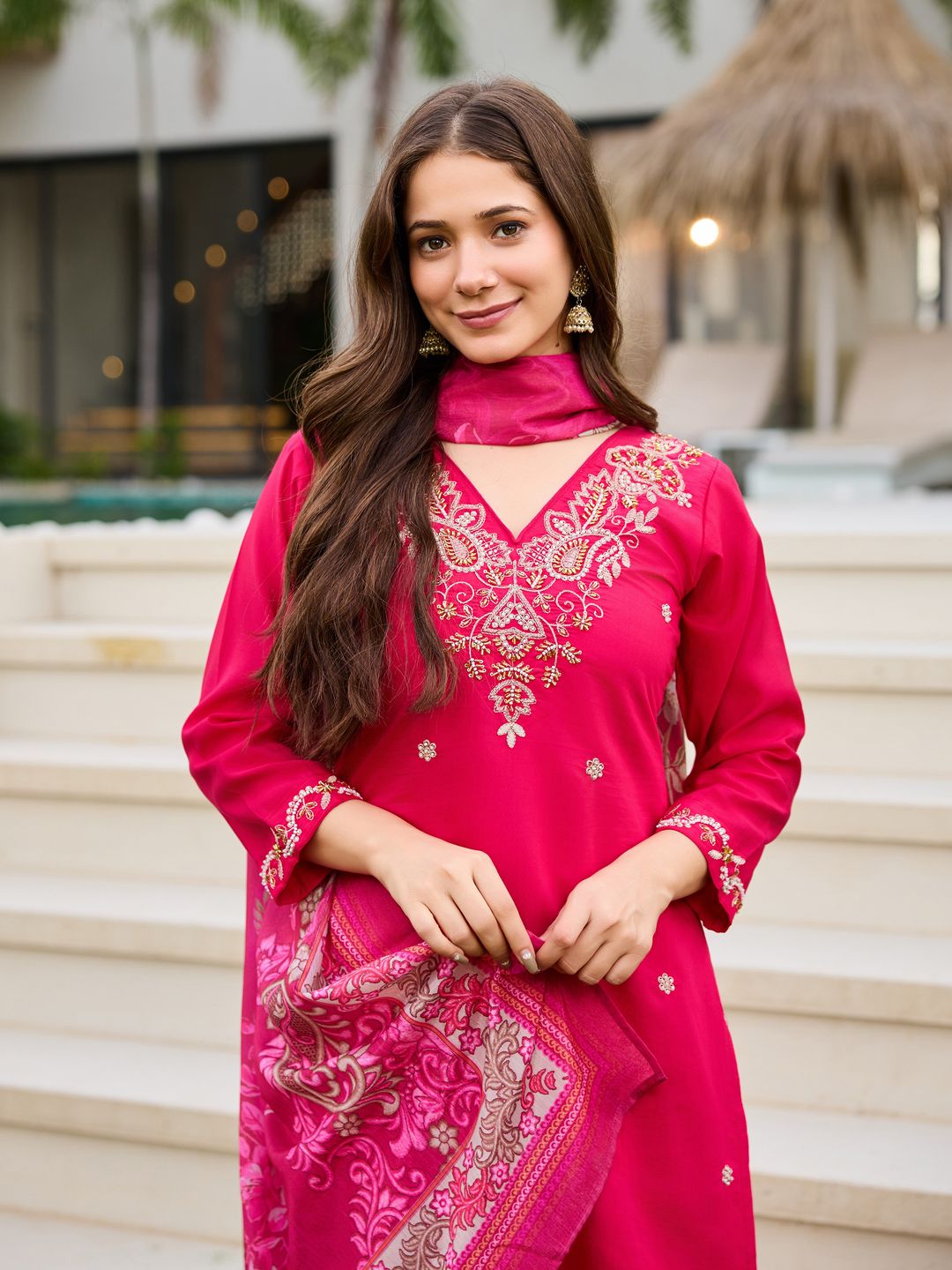 Pink Roman Silk Bloom Embroidered Suit Set
