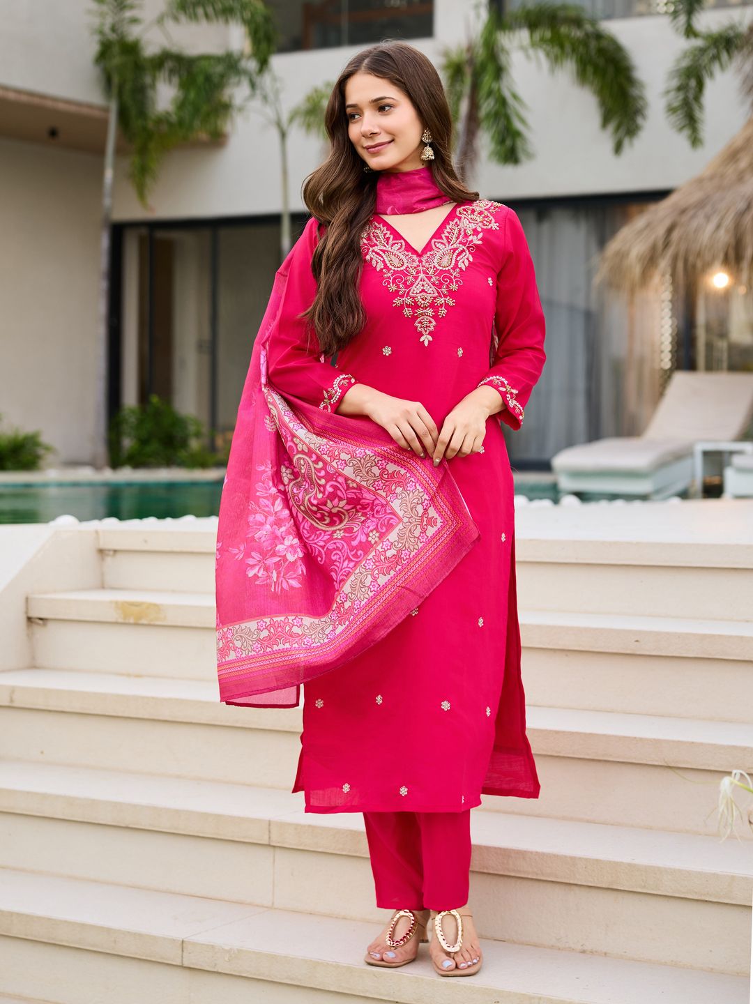 Pink Roman Silk Bloom Embroidered Suit Set