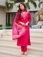 Pink Roman Silk Bloom Embroidered Suit Set