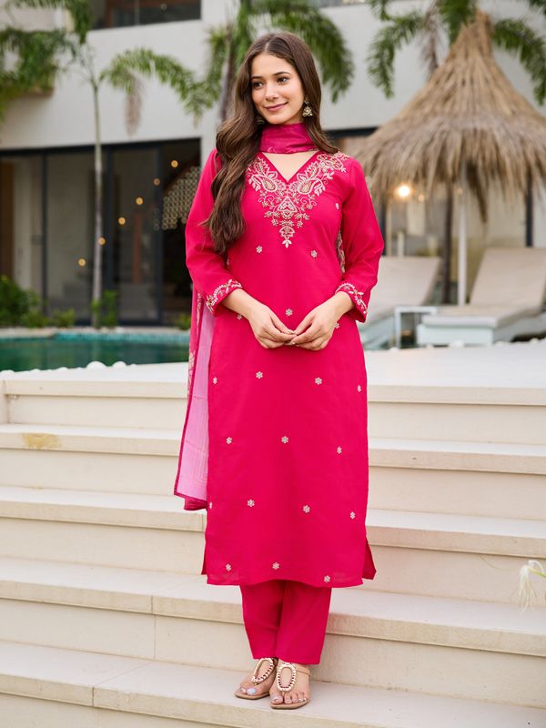 Pink Roman Silk Bloom Embroidered Suit Set