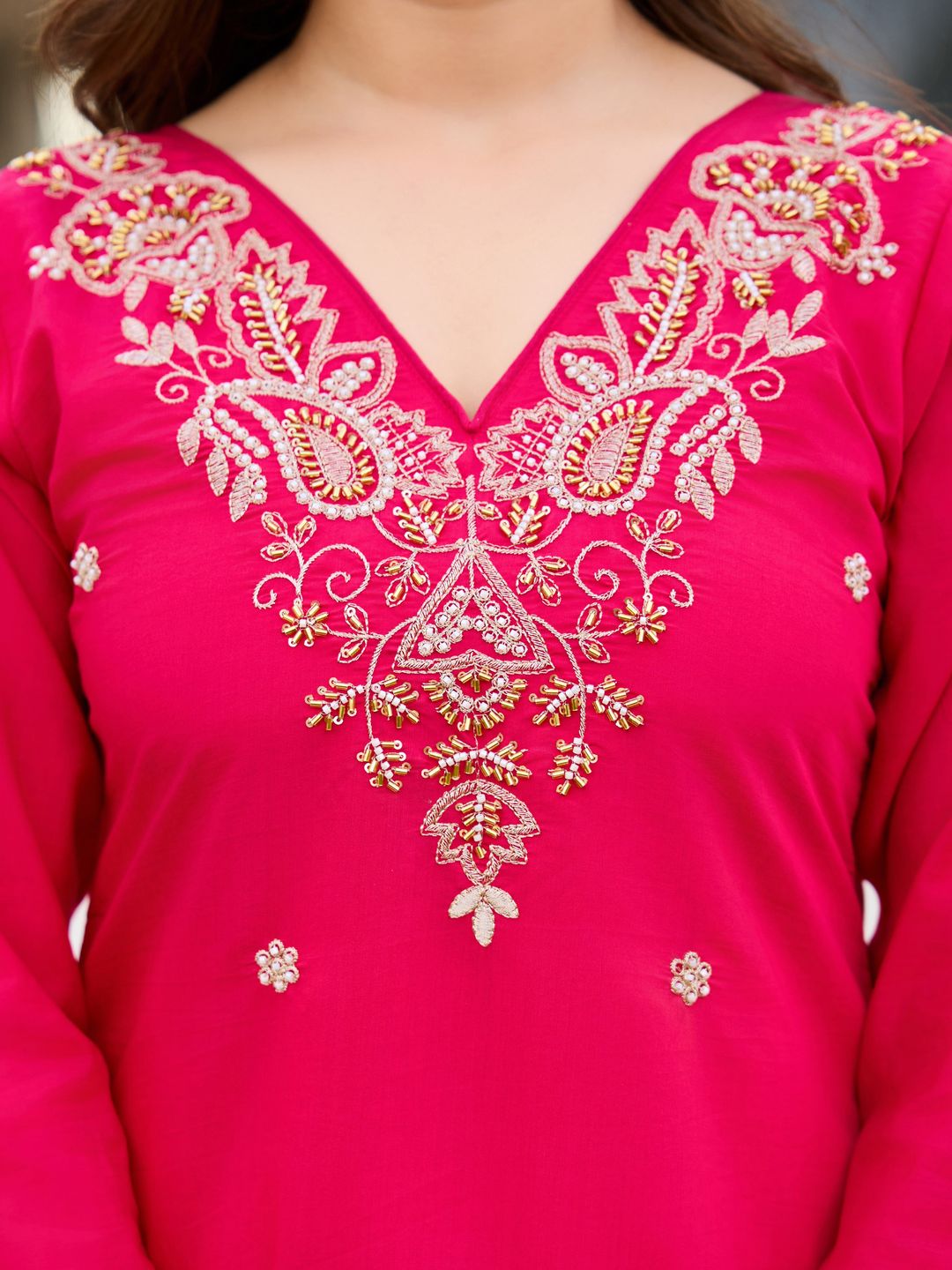 Pink Roman Silk Bloom Embroidered Suit Set