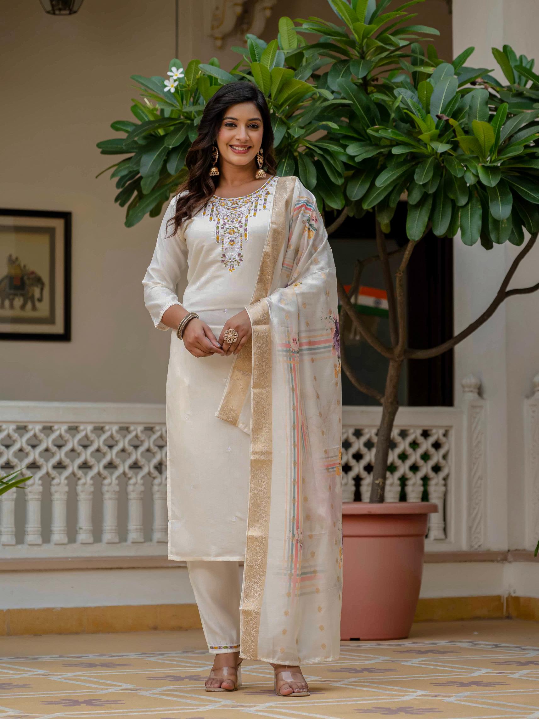 Beige Roman Silk Elite Embroidered Suit Set