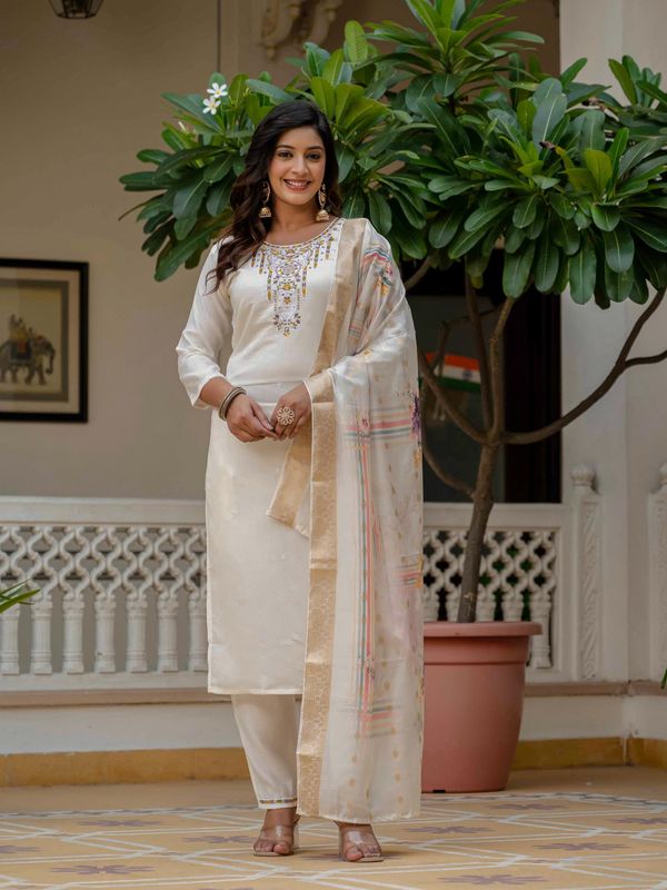 Beige Roman Silk Elite Embroidered Suit Set