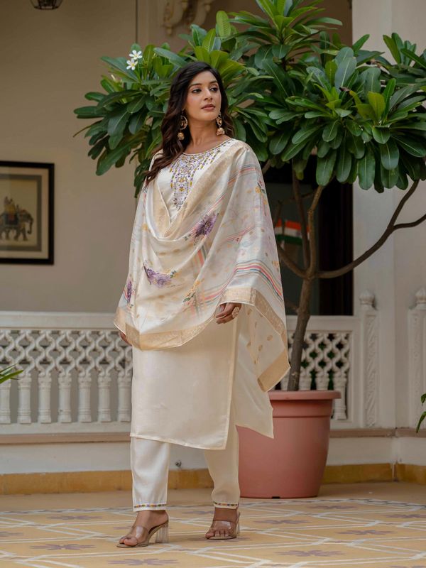 Beige Roman Silk Elite Embroidered Suit Set
