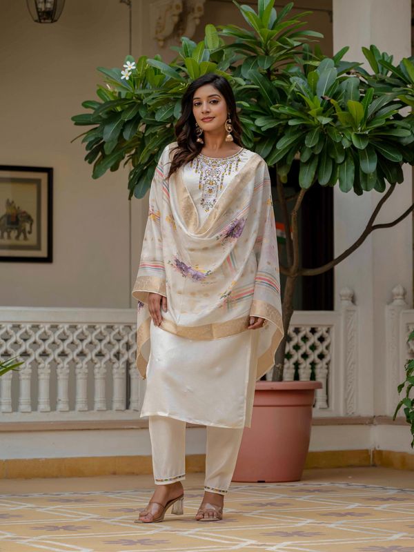 Beige Roman Silk Elite Embroidered Suit Set