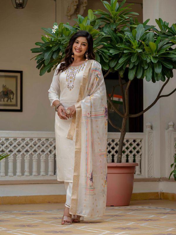 Beige Roman Silk Elite Embroidered Suit Set