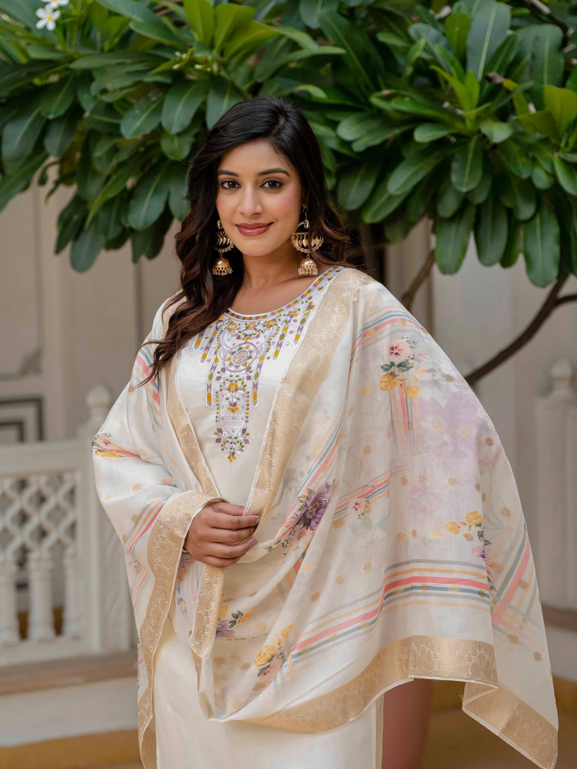 Beige Roman Silk Elite Embroidered Suit Set