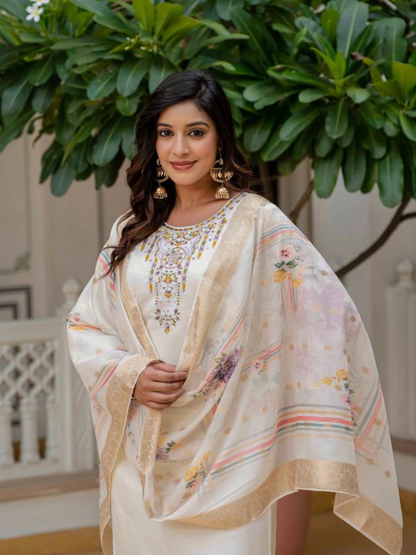 Beige Roman Silk Elite Embroidered Suit Set