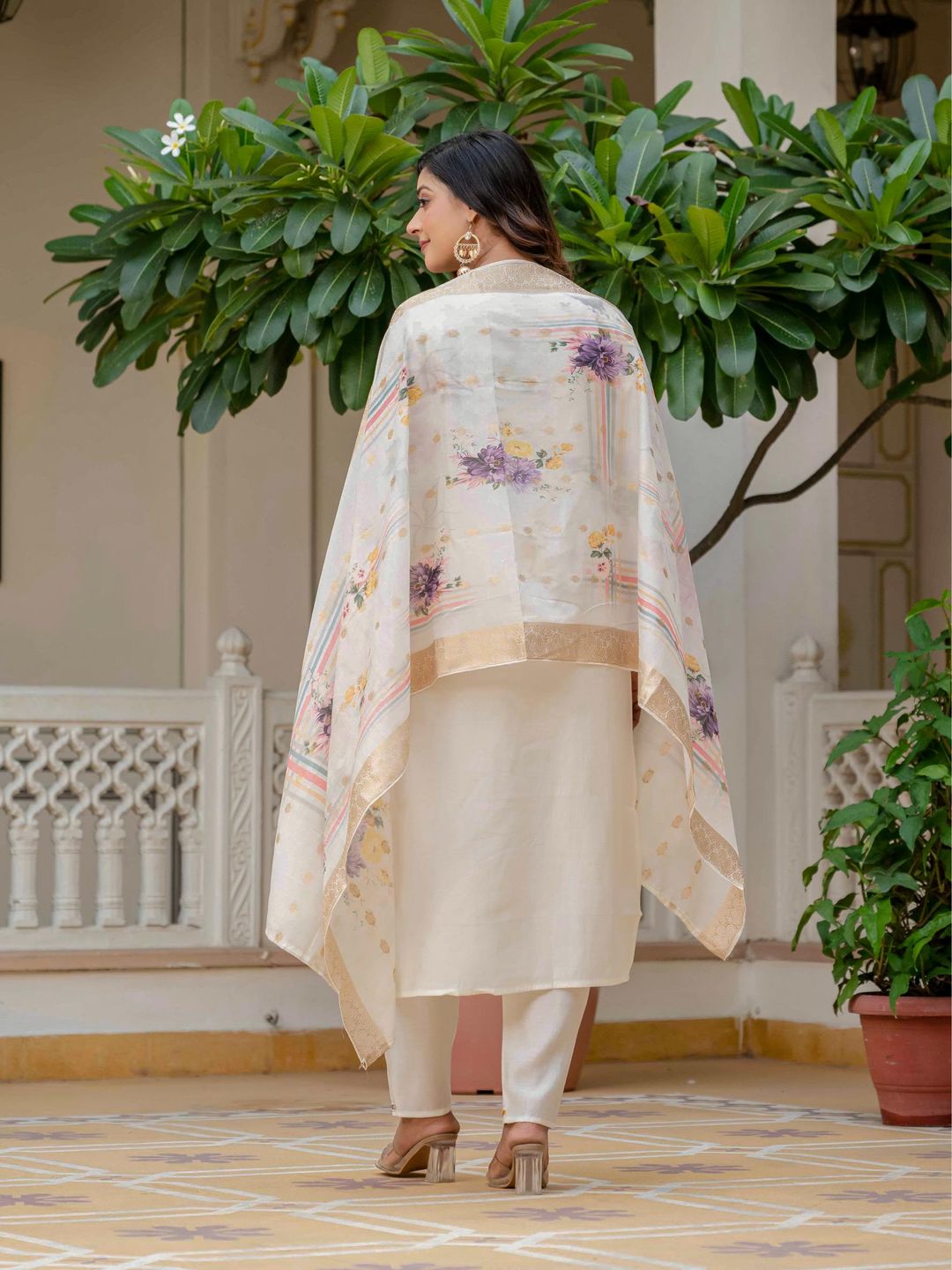 Beige Roman Silk Elite Embroidered Suit Set