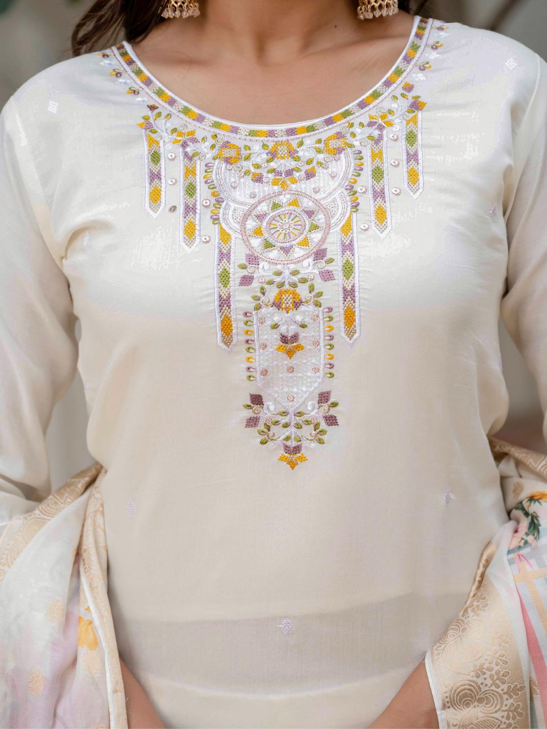 Beige Roman Silk Elite Embroidered Suit Set