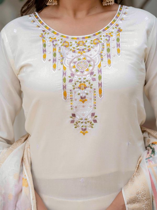 Beige Roman Silk Elite Embroidered Suit Set