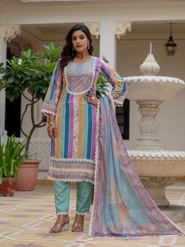 Sky Blue Slubelegance Embroidered Suit Set