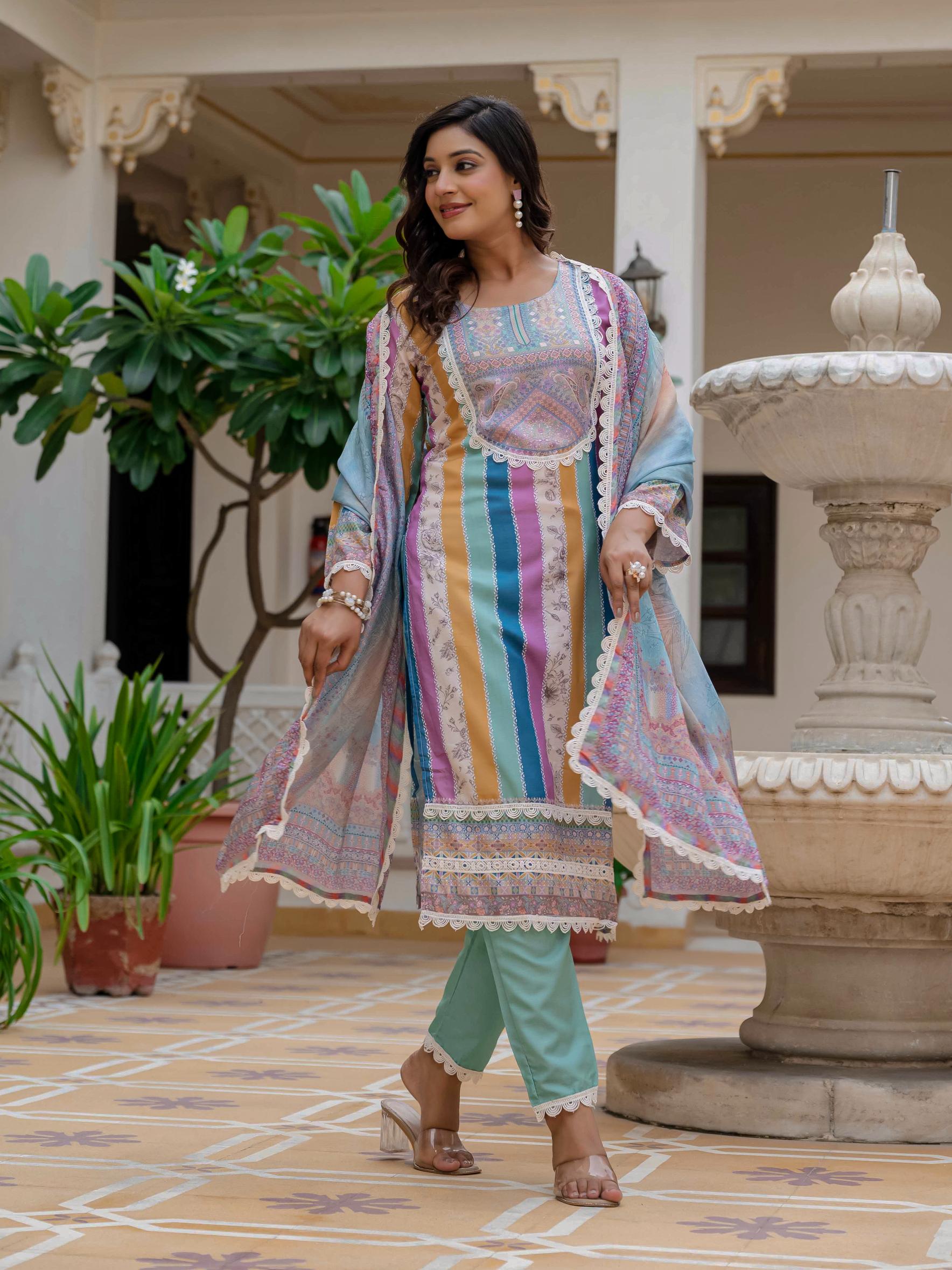 Sky Blue SlubElegance Embroidered Suit Set