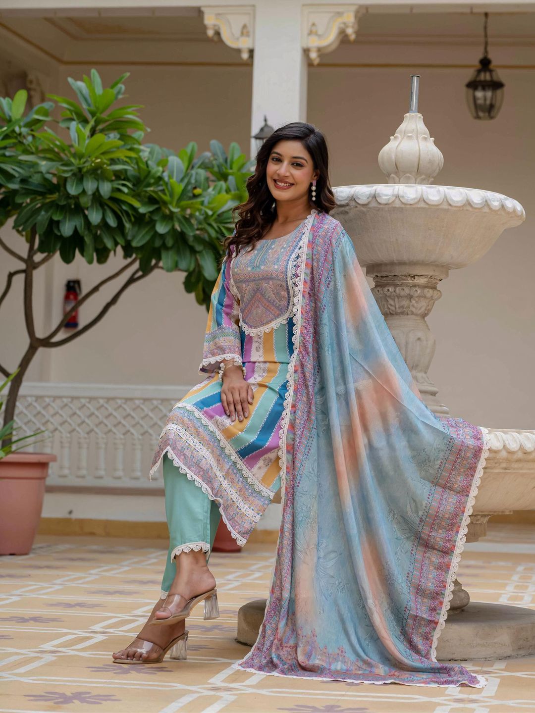 Sky Blue SlubElegance Embroidered Suit Set