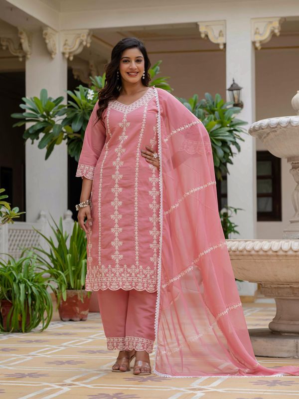 Rosy Pink Silk Embroidered Suit Set