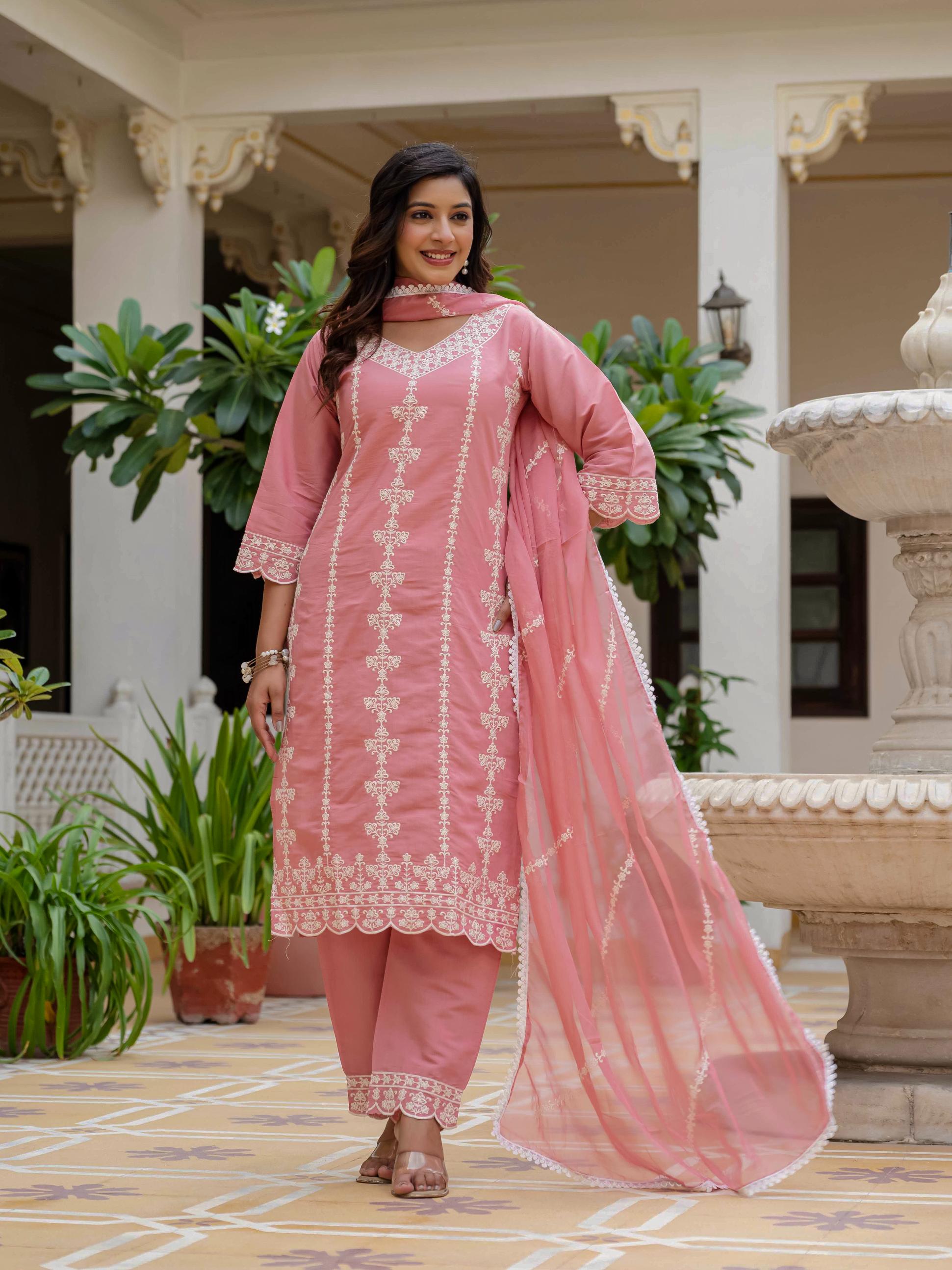 Rosy Pink Silk Embroidered Suit Set