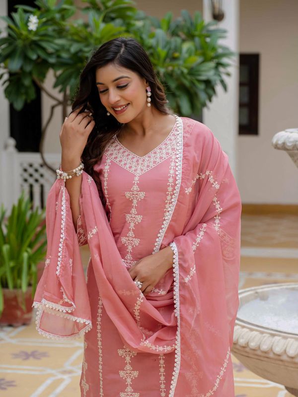 Rosy Pink Silk Embroidered Suit Set