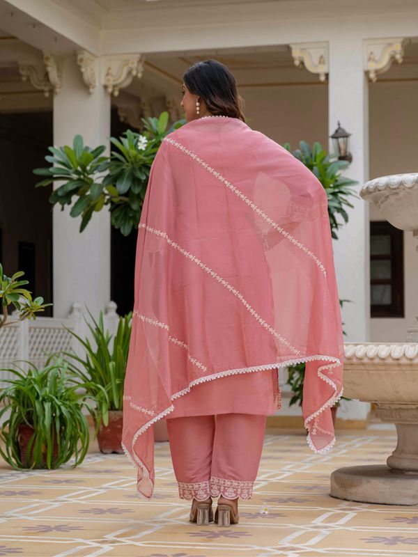 Rosy Pink Silk Embroidered Suit Set