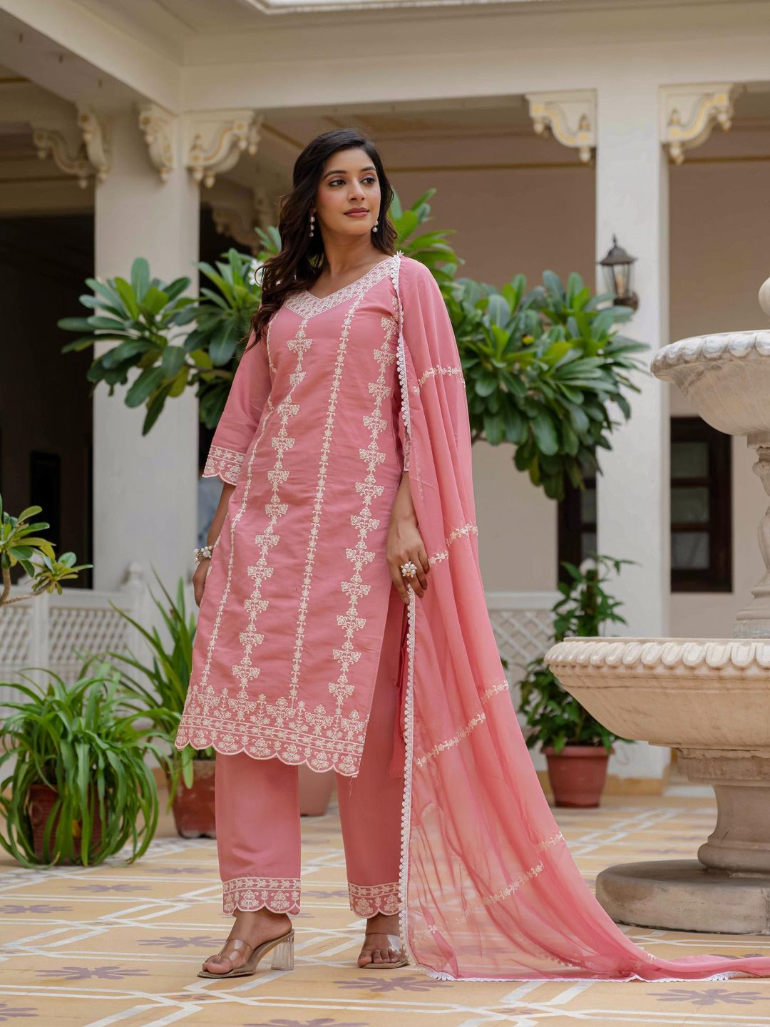 Rosy Pink Silk Embroidered Suit Set