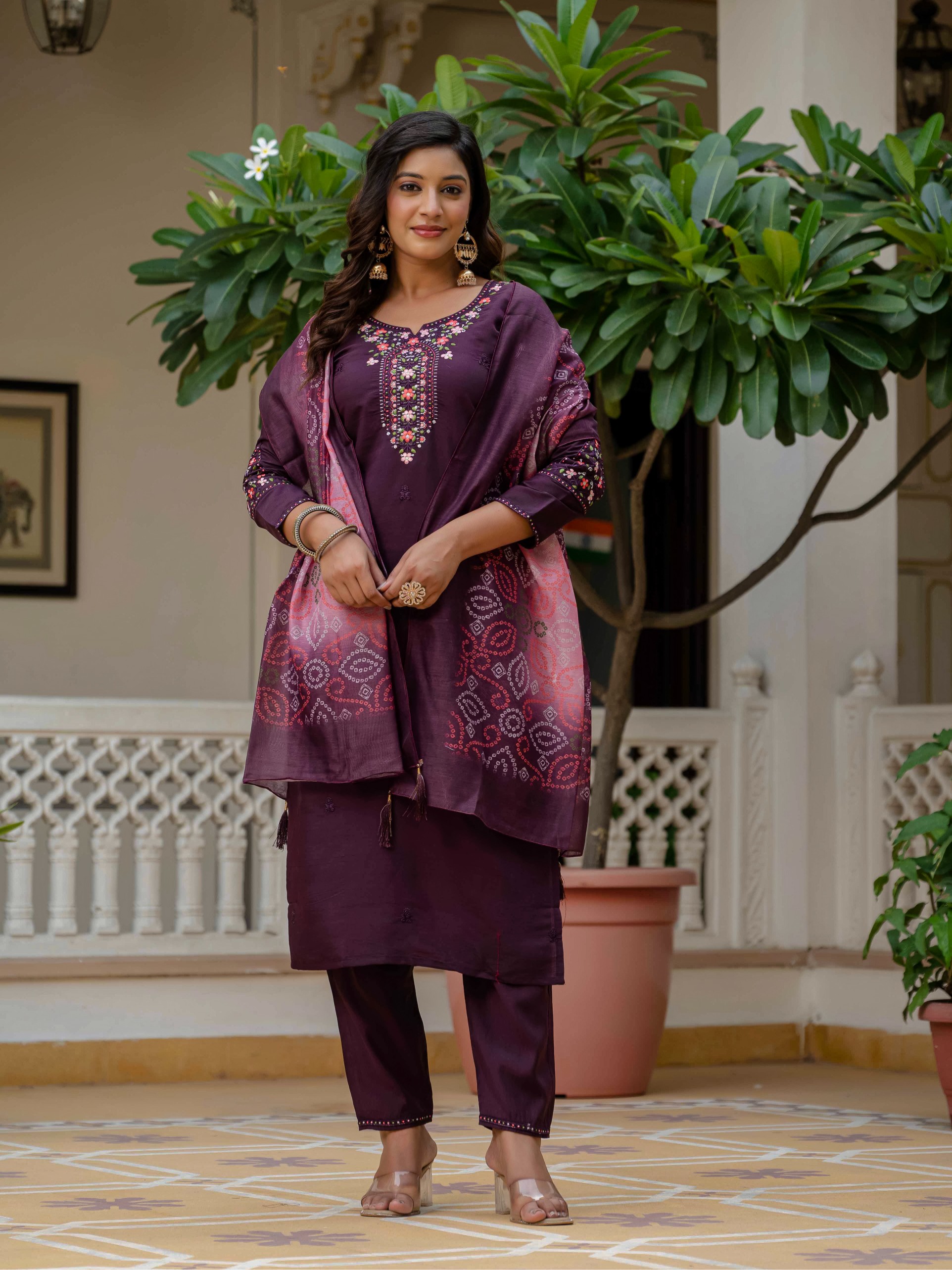 Wine RomanSilk Bandhani Charm Embroidered Salwar suite