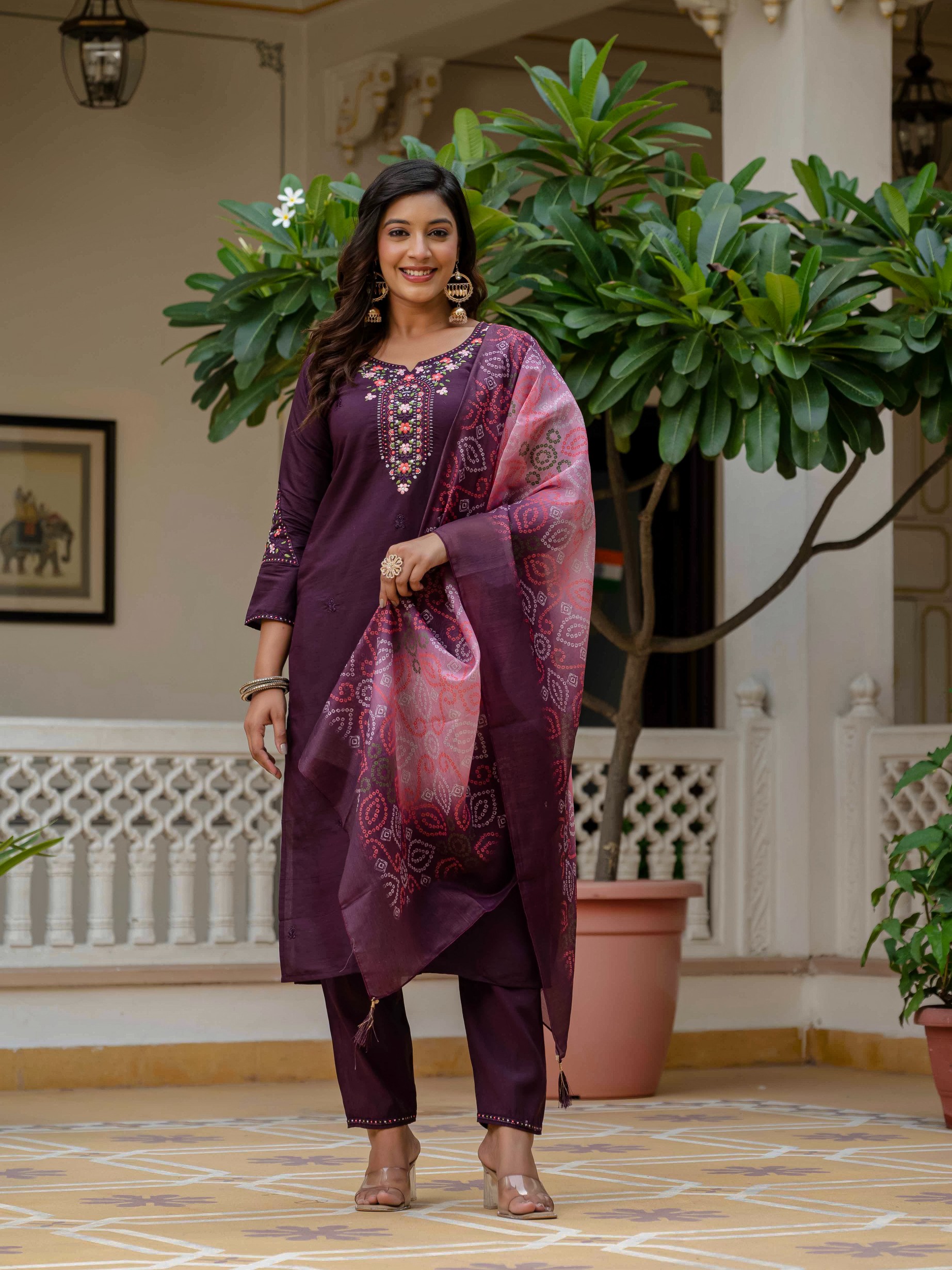 Wine RomanSilk Bandhani Charm Embroidered Salwar suite