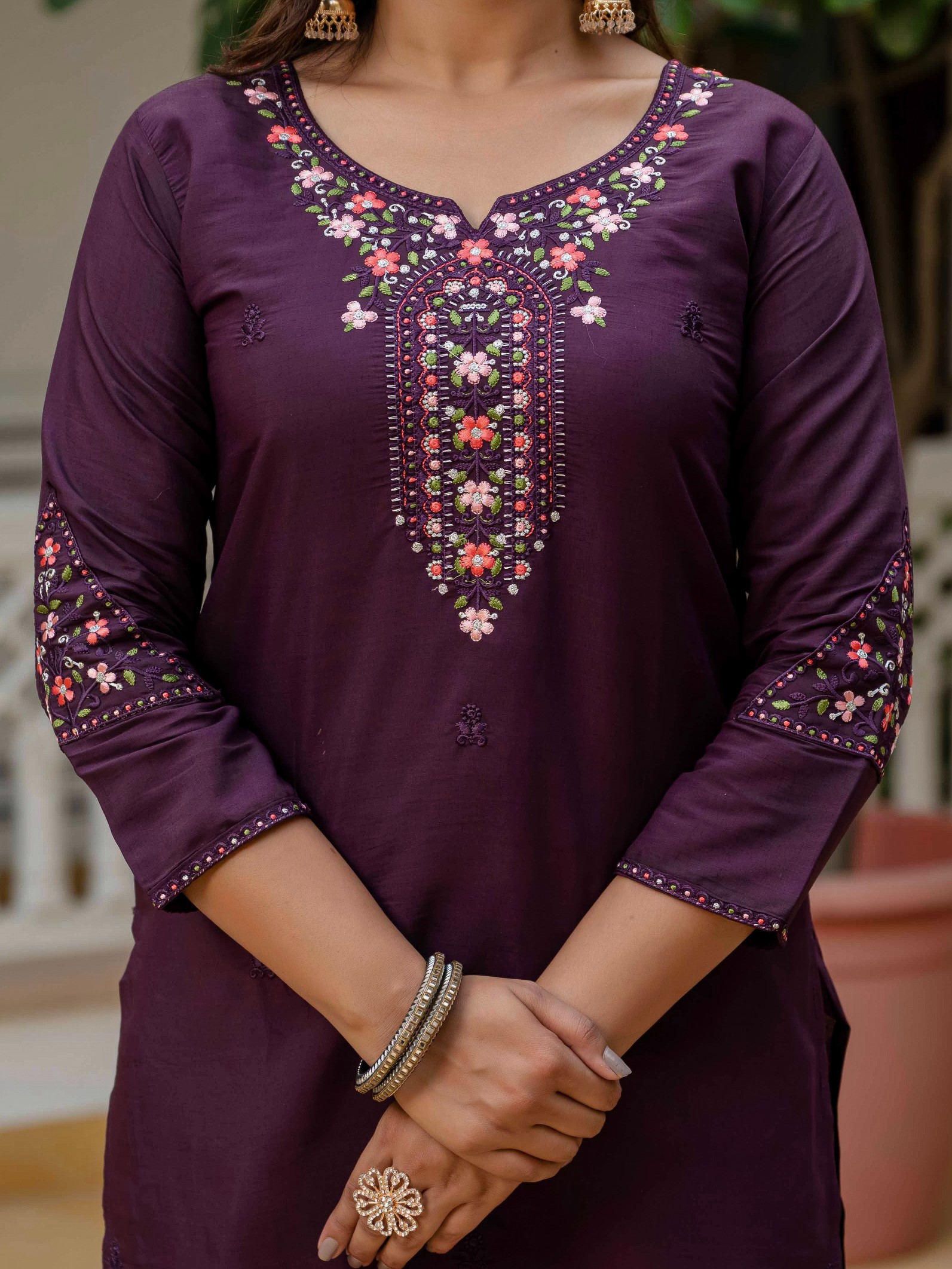 Wine RomanSilk Bandhani Charm Embroidered Salwar suite