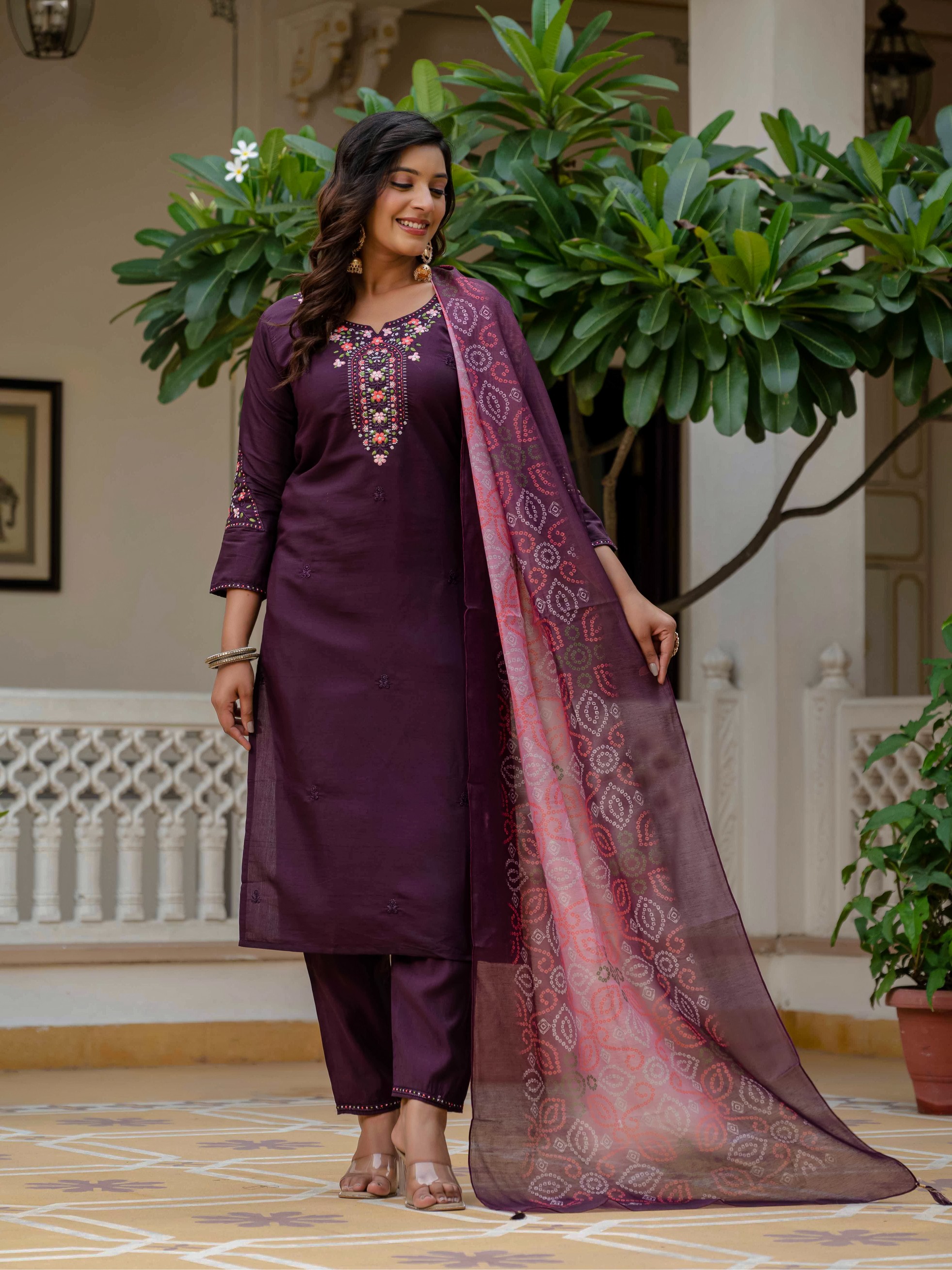 Wine RomanSilk Bandhani Charm Embroidered Salwar suite