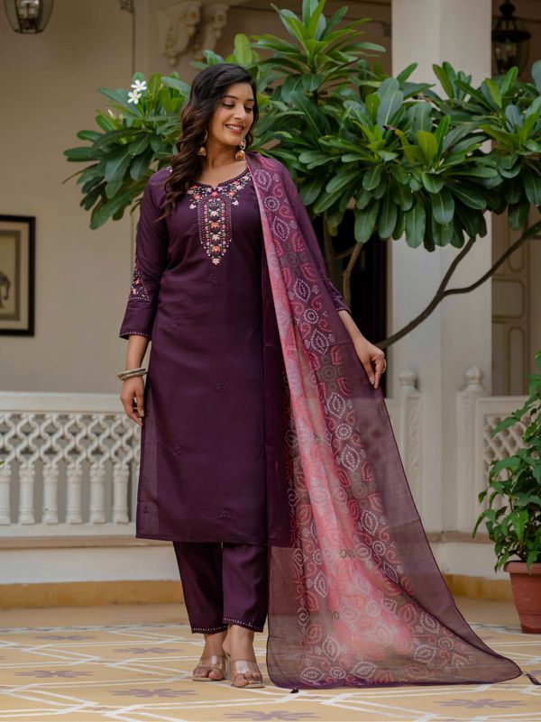 Wine RomanSilk Bandhani Charm Embroidered Salwar suite