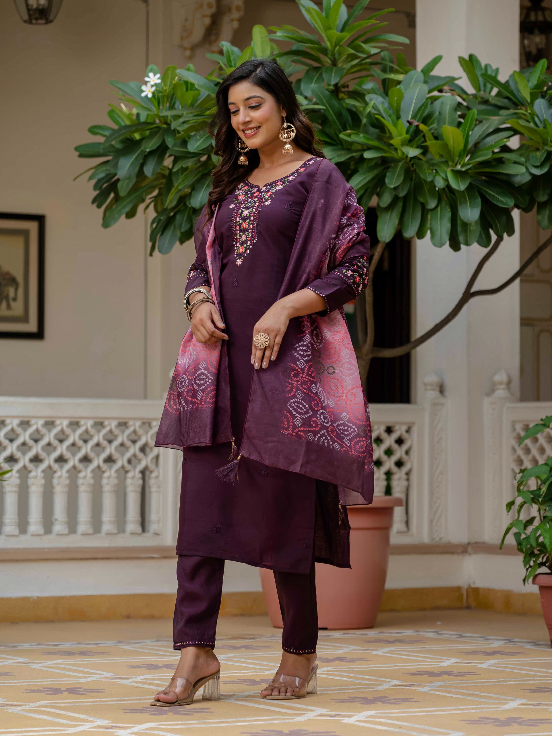 Wine RomanSilk Bandhani Charm Embroidered Salwar suite