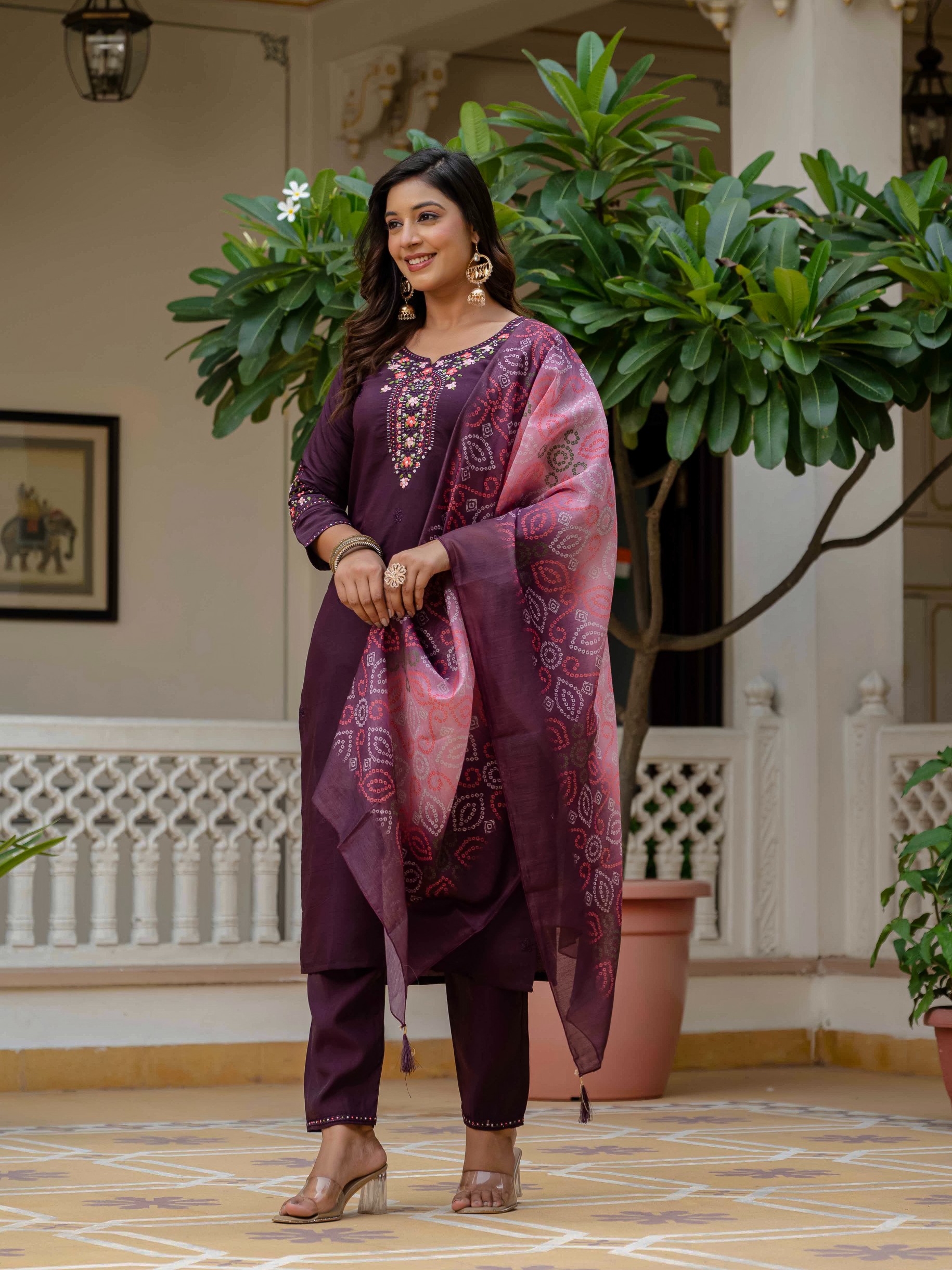 Wine RomanSilk Bandhani Charm Embroidered Salwar suite
