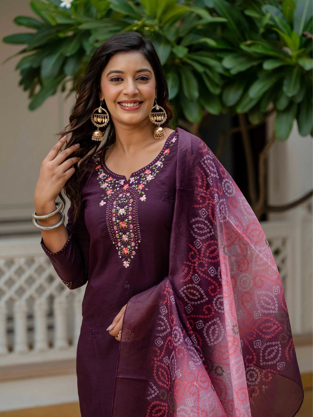 Wine RomanSilk Bandhani Charm Embroidered Salwar suite