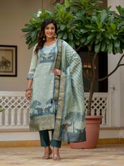 Royal Blue JacquardSilk Heritage Printed Suit Set