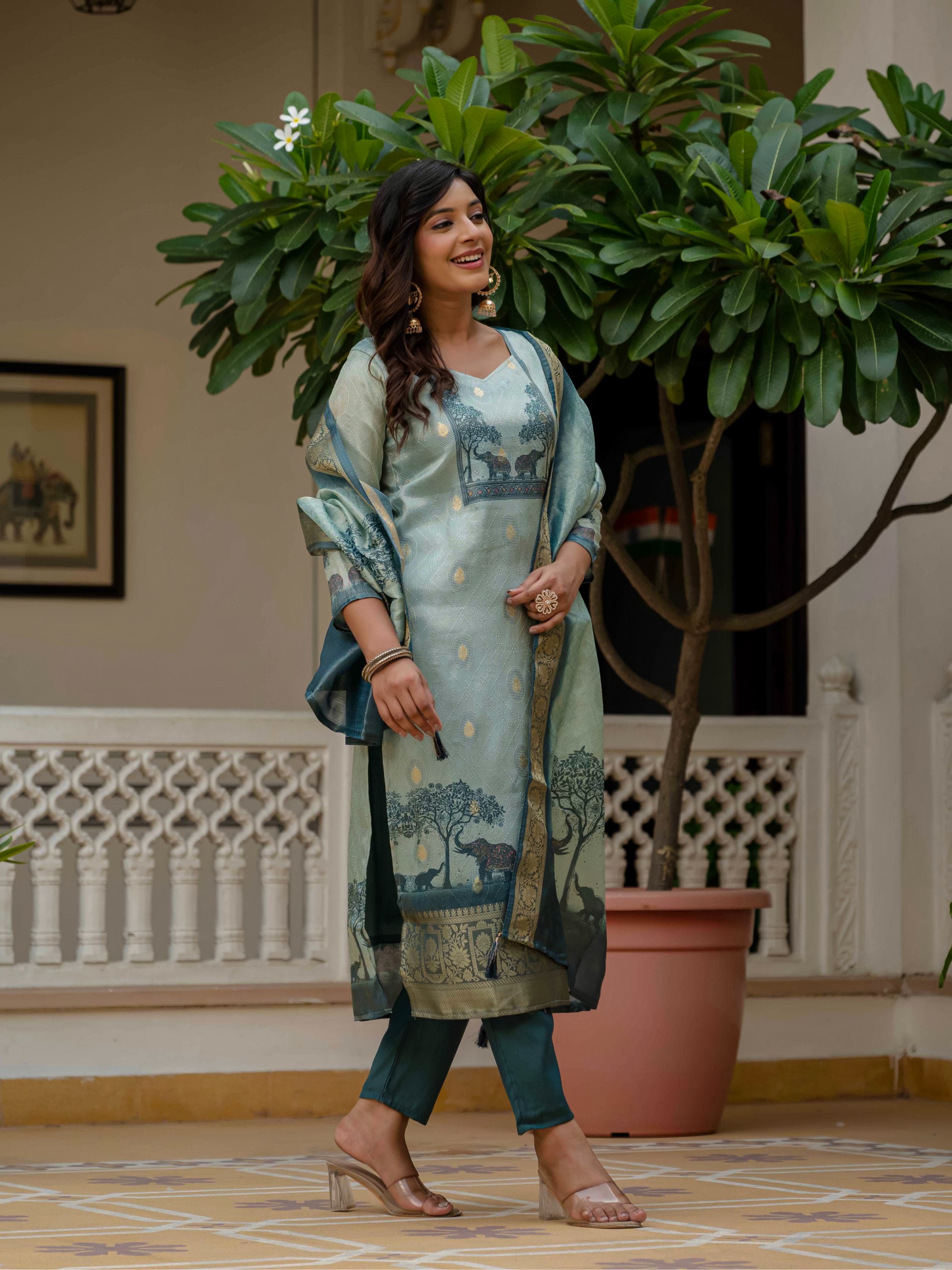 Royal Blue JacquardSilk Heritage Printed Suit Set