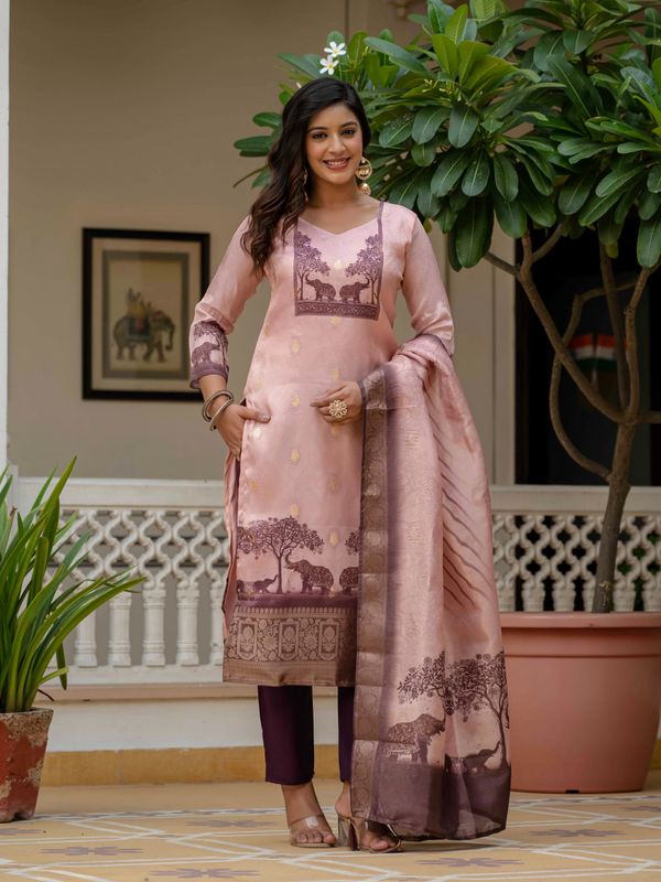 Royal Pink Jacquardsilk Classic Printed Suit Set