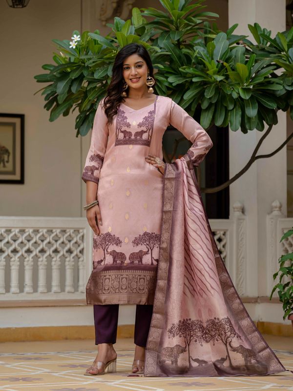 Royal Pink Jacquardsilk Classic Printed Suit Set