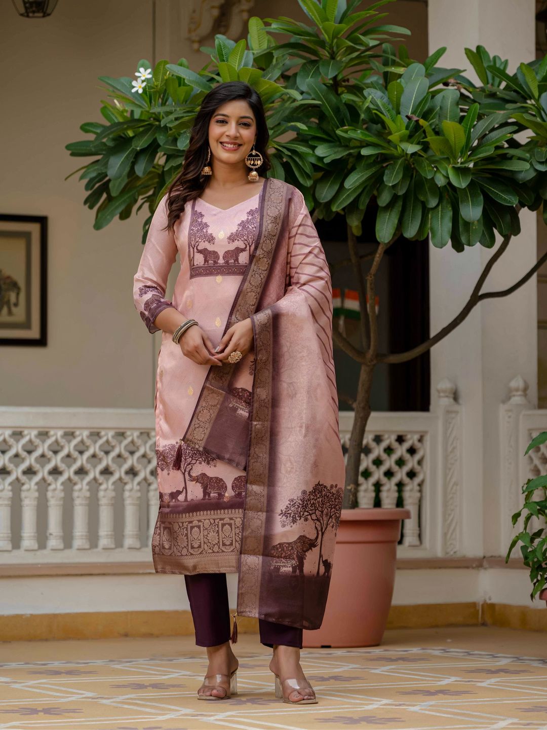 Royal Pink JacquardSilk Classic Printed Suit Set