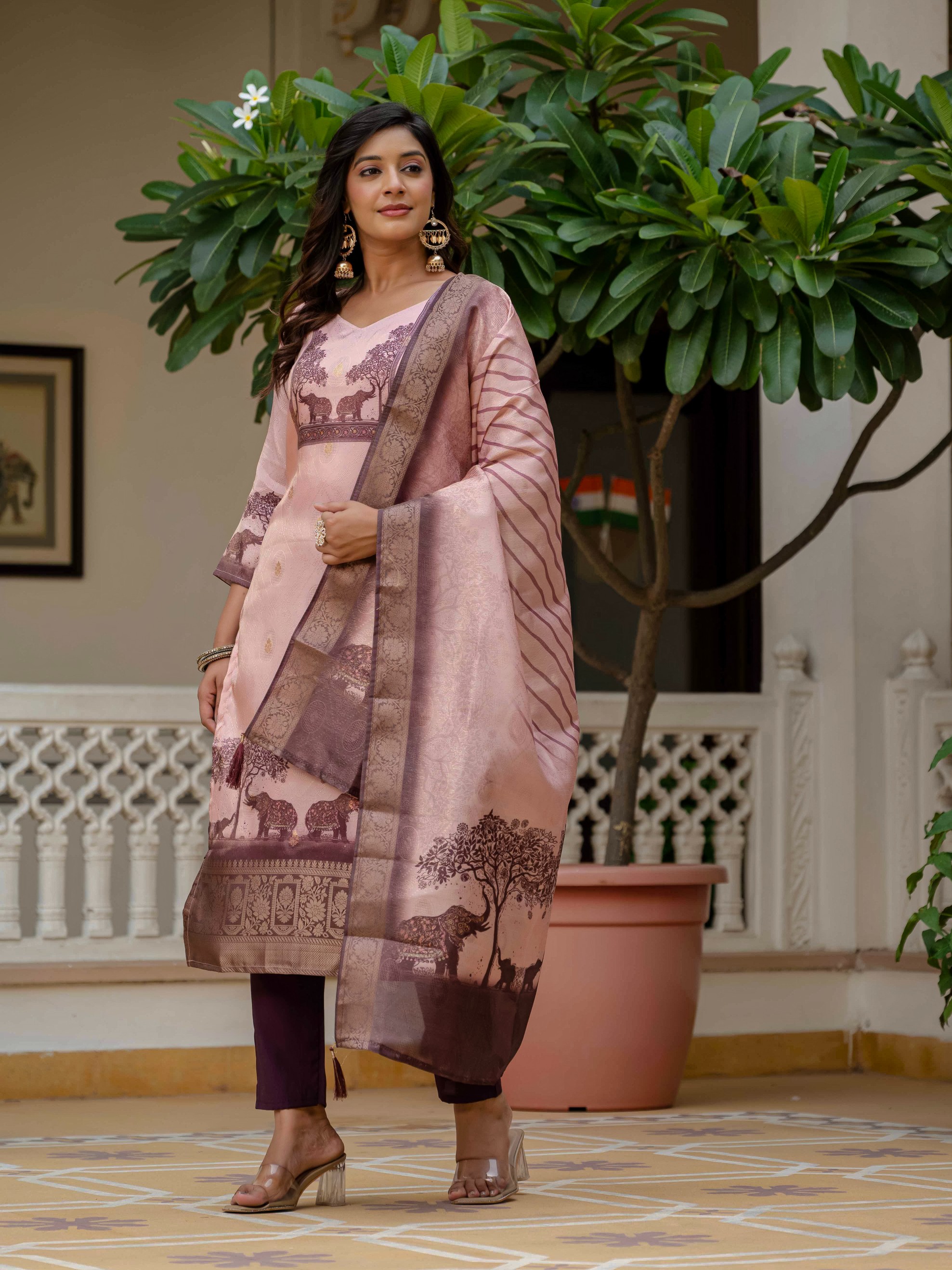 Royal Pink JacquardSilk Classic Printed Suit Set